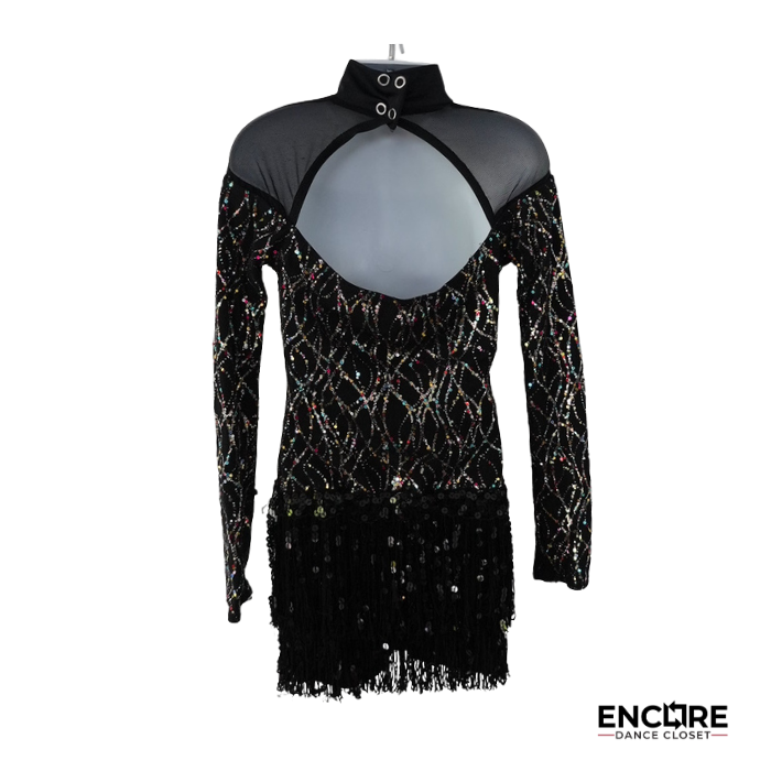 Black Sequin Fringe Mock Neck Jazz Costume  biketard