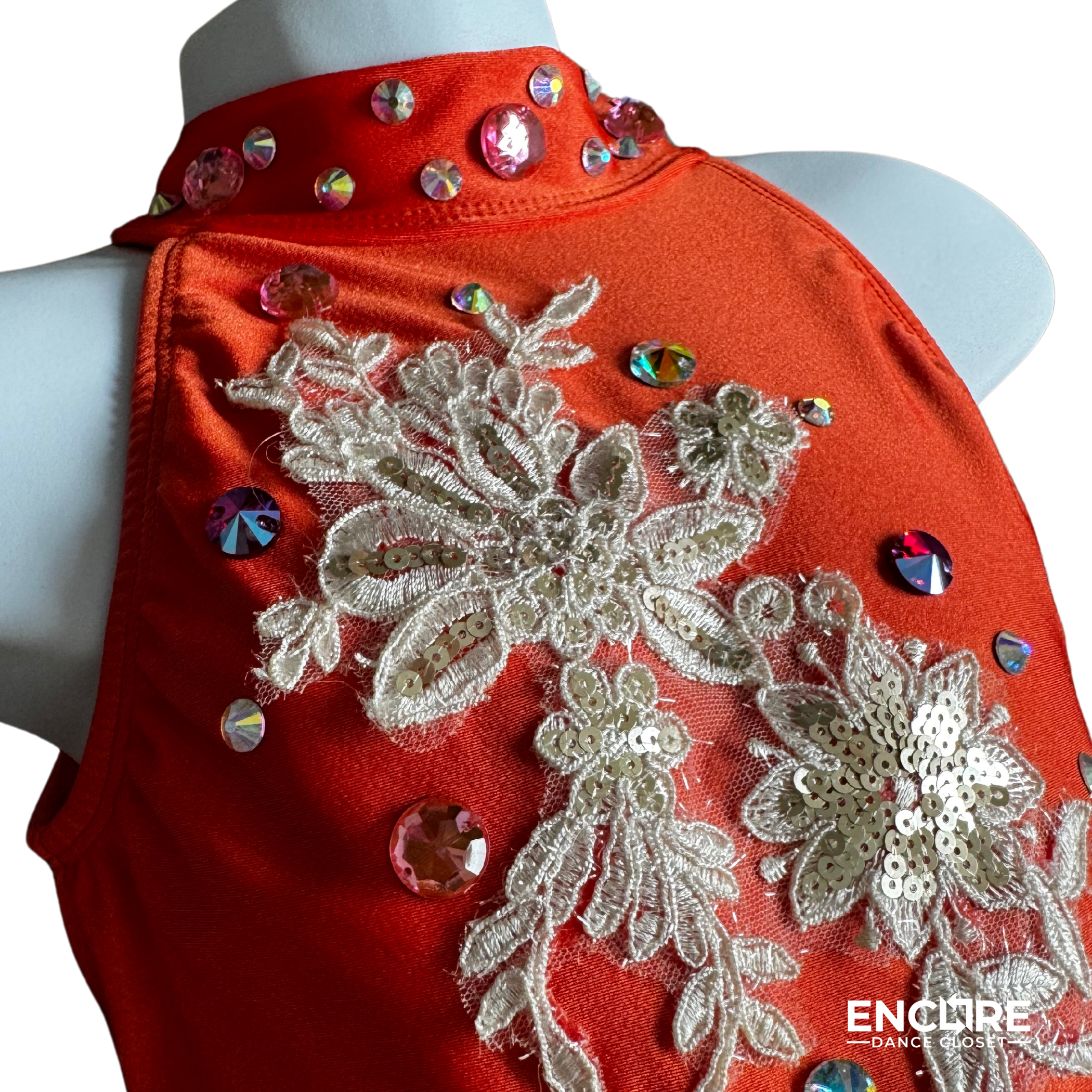 Orange Mesh Unitard with White Appliqué - Encore Dance Closet