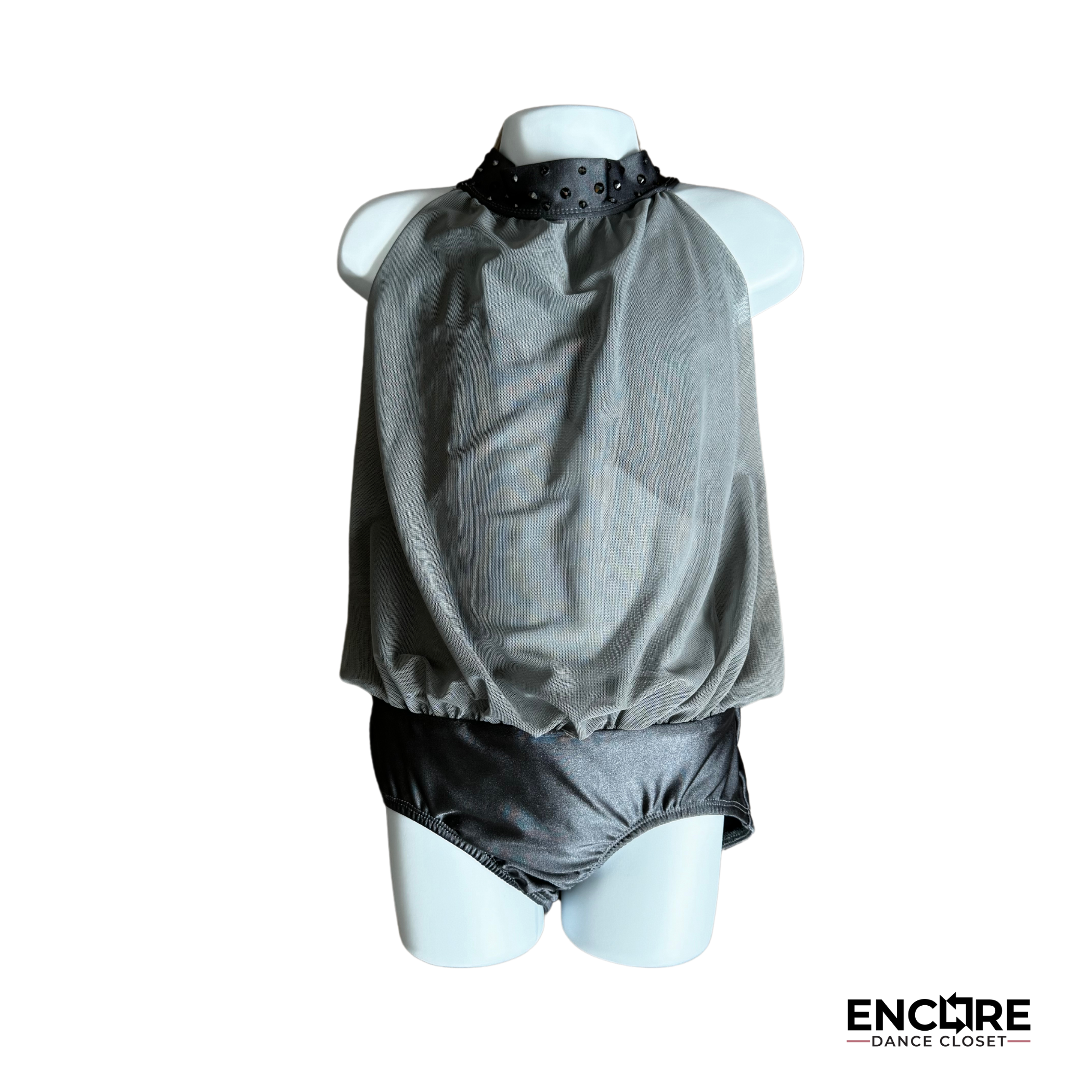 Elegant Gray Patrick J Base with Draped Mesh Overlay - Encore Dance Closet