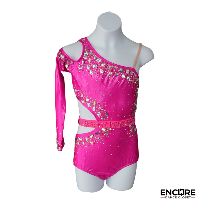 Hot Pink One-Shoulder Contemporary Biketard with Rhinestones  leotard