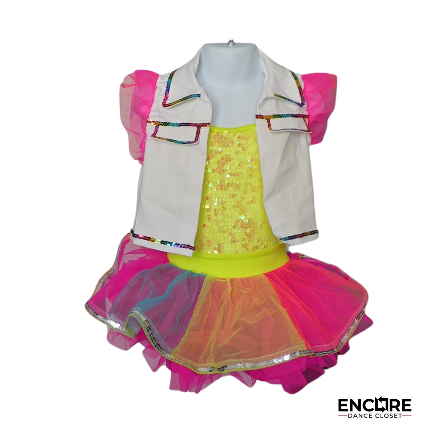 Yellow Sequin Dress with Multicolor Tutu and White Jacket