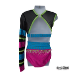 Neon Pink & Teal One-Sleeve Jazz Costume with Rhinestones and Mesh Detail  two piece